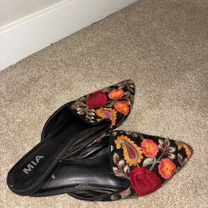 MIA Women's Black Mules with Red and Orange Embroidery